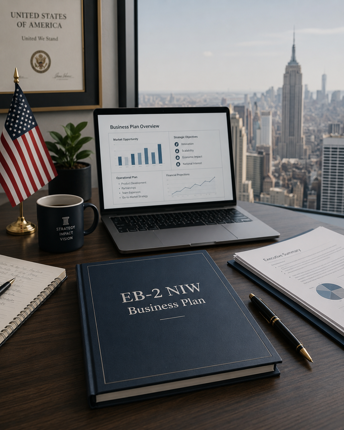 Escritório da Tenca America com materiais de business plan para EB2-NIW